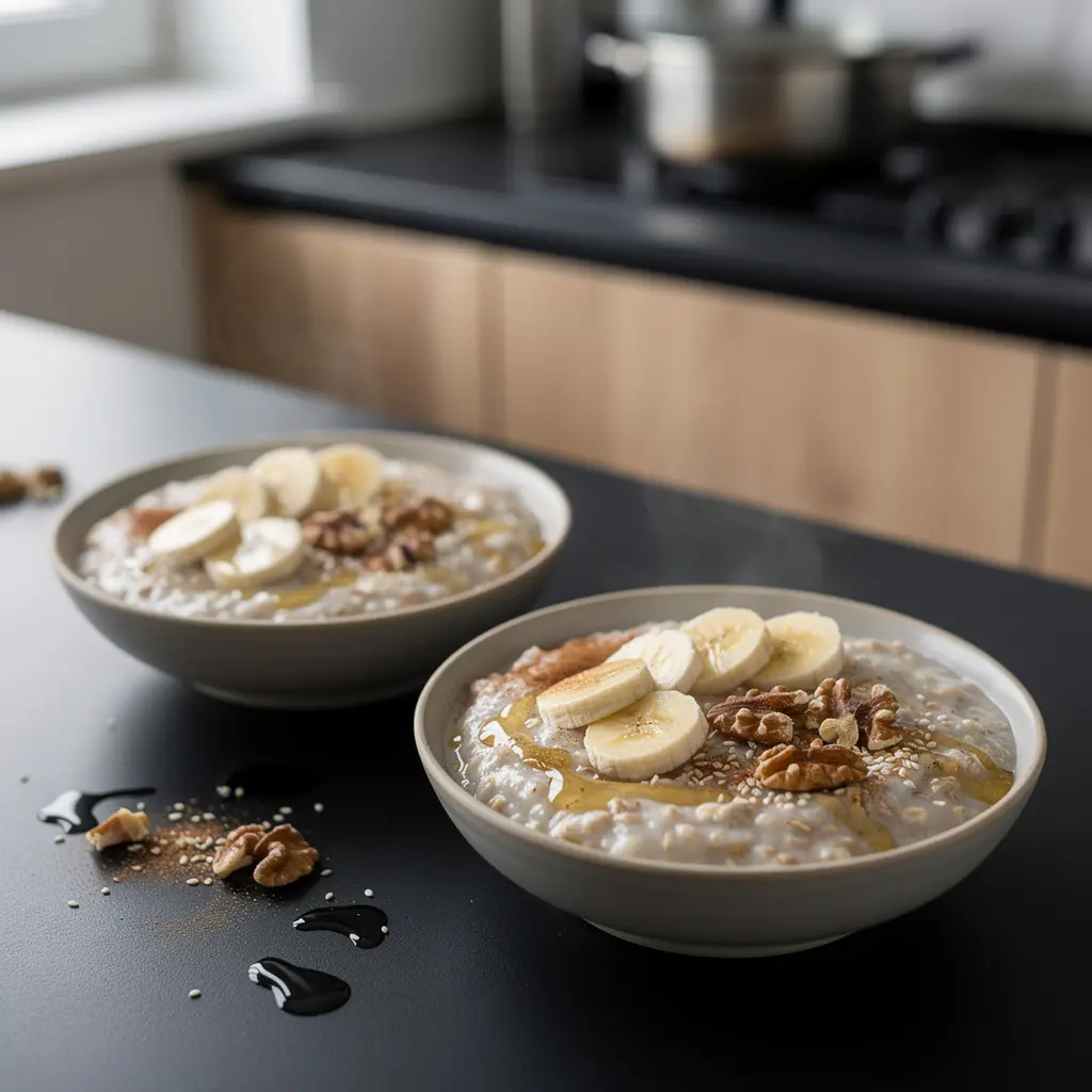 Koreańska owsianka owsiana z bananem, miodem i sezamem