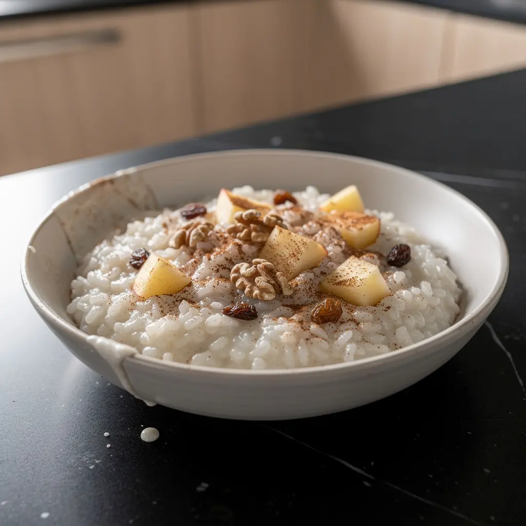 Koreańska owsianka ryżowa z jabłkiem i cynamonem