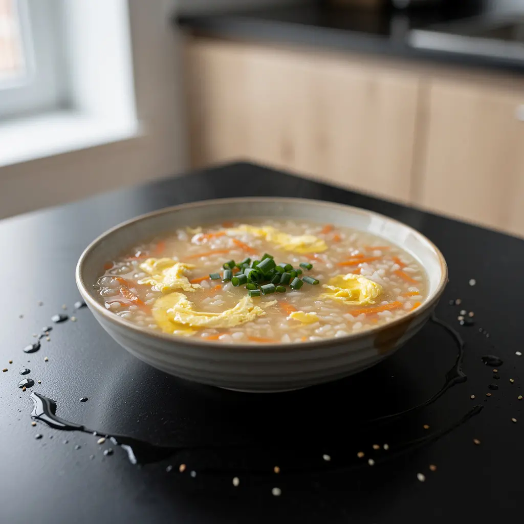 Koreańska owsianka ryżowa z jajkiem i marchewką