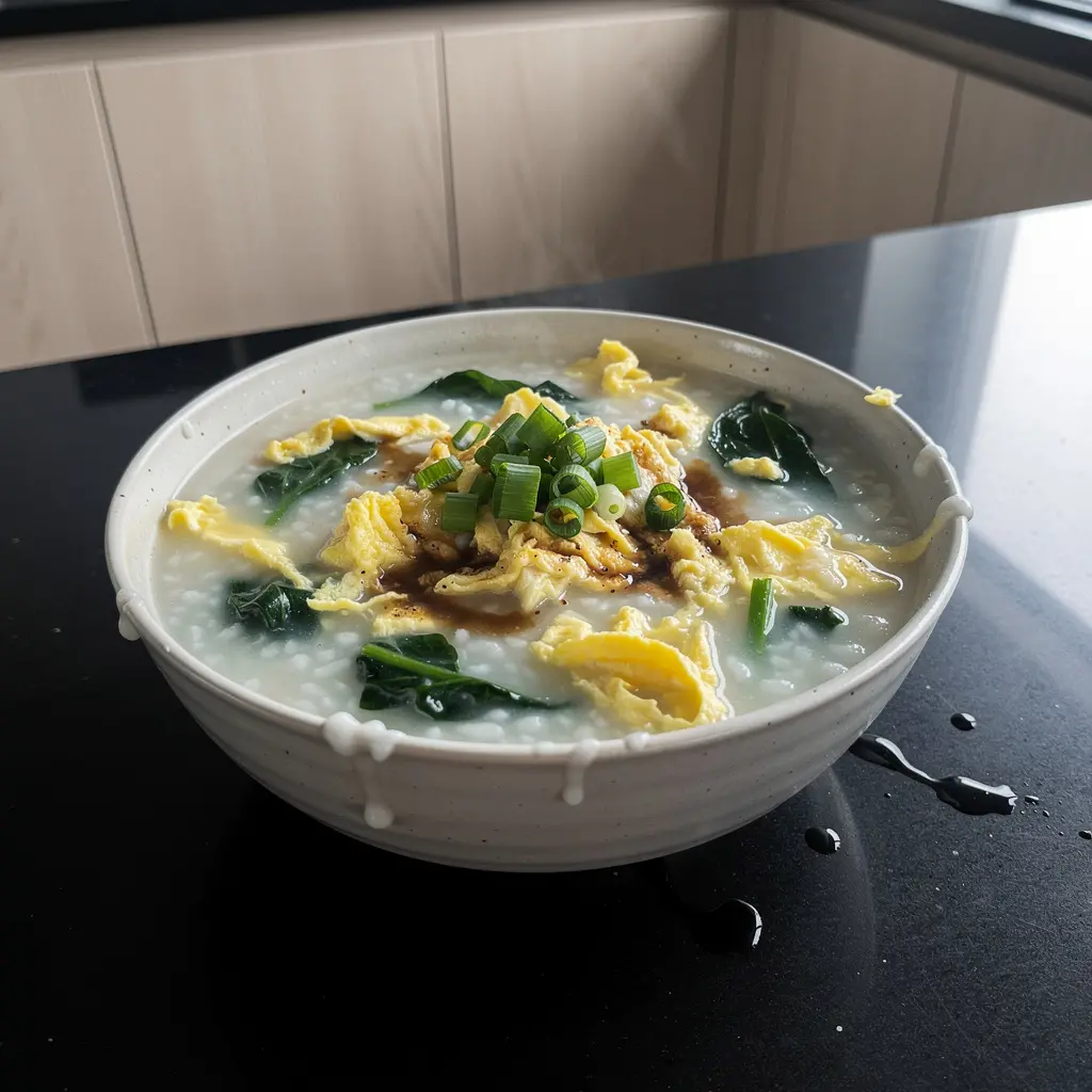 Koreańska owsianka ryżowa z jajkiem i szpinakiem