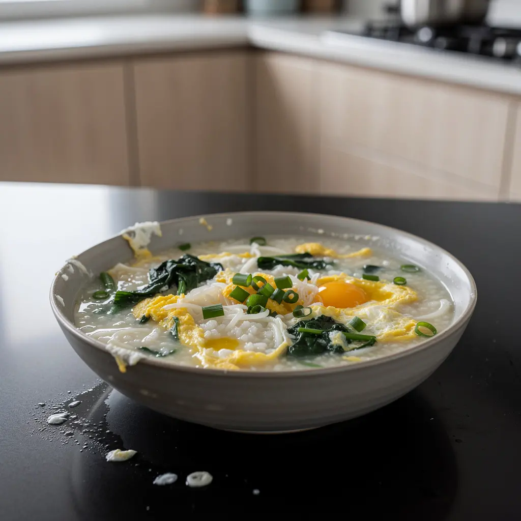 Koreańska owsianka ryżowa z jajkiem i szpinakiem