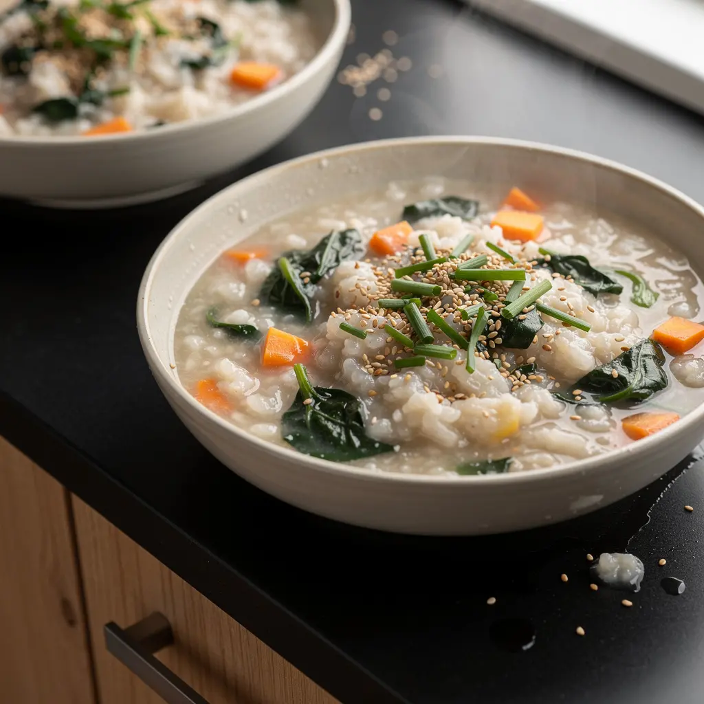 Koreańska owsianka ryżowa z warzywami i sezamem na śniadanie