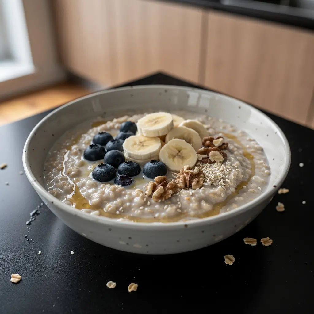 Koreańska owsianka z owocami i miodem na mleku sojowym