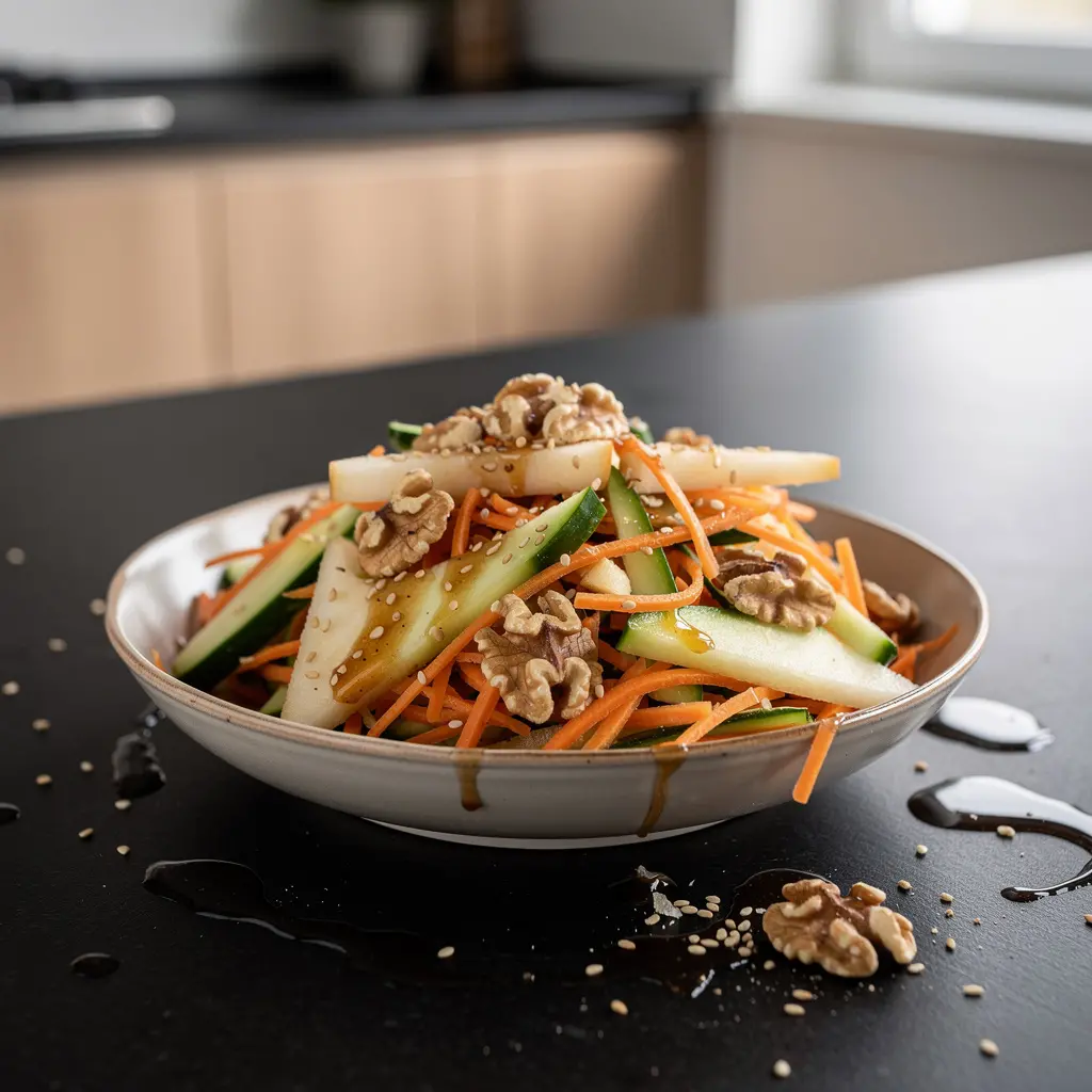 Koreańska sałatka z gruszki, ogórka i orzechów z sosem sezamowym
