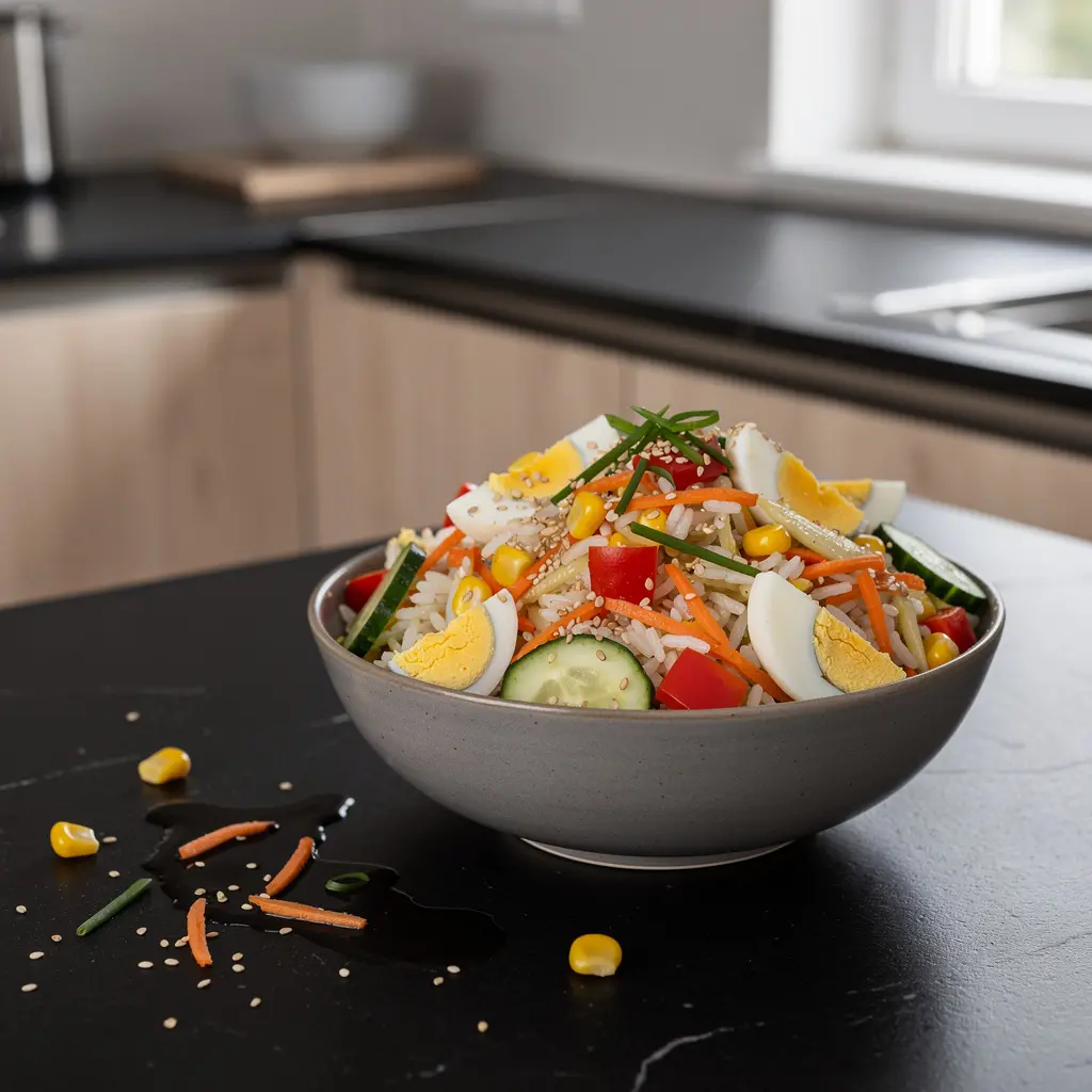 Koreańska sałatka z jajkiem, ryżem i warzywami