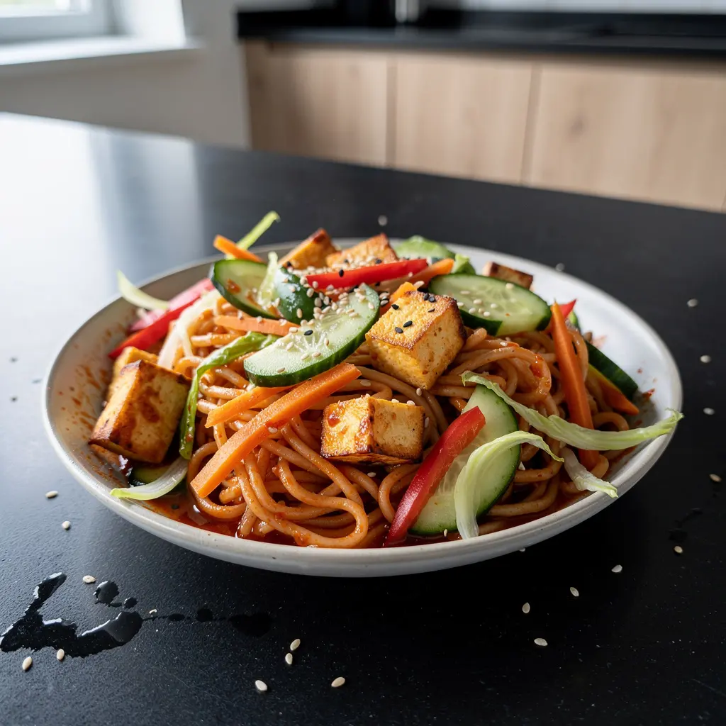 Koreańska sałatka z makaronem pszennym i tofu na zimno