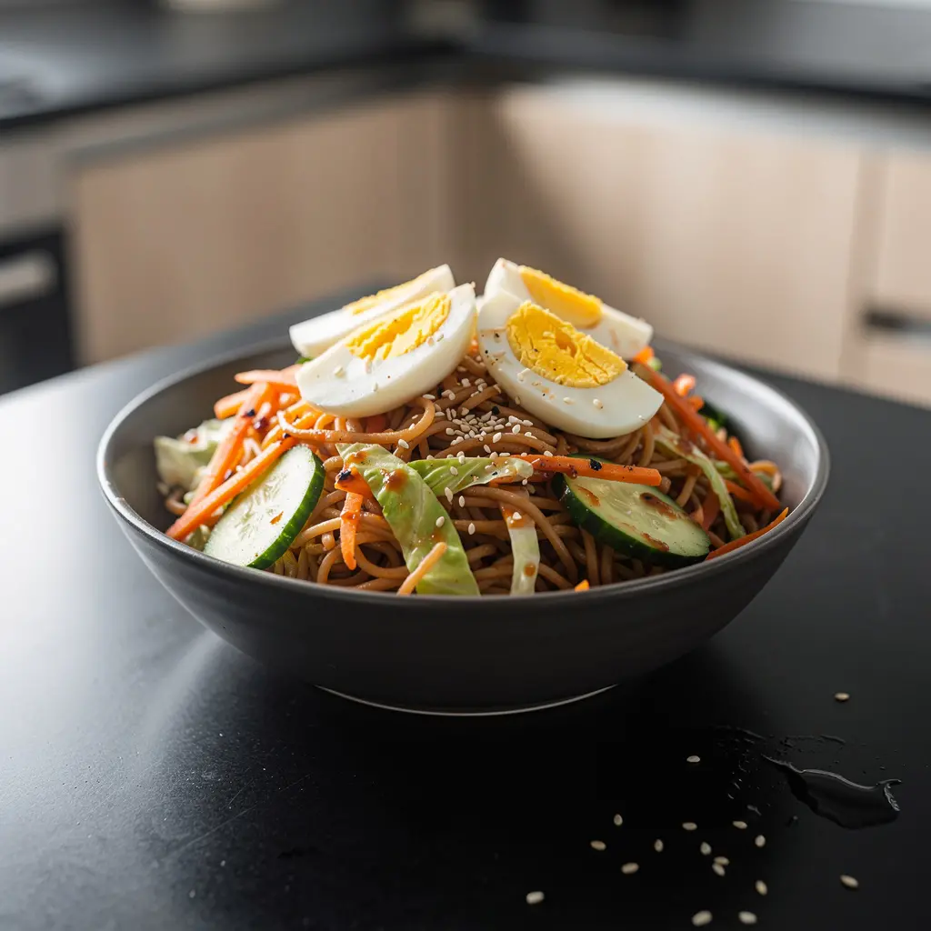 Koreańska sałatka z makaronem ryżowym i jajkiem na twardo