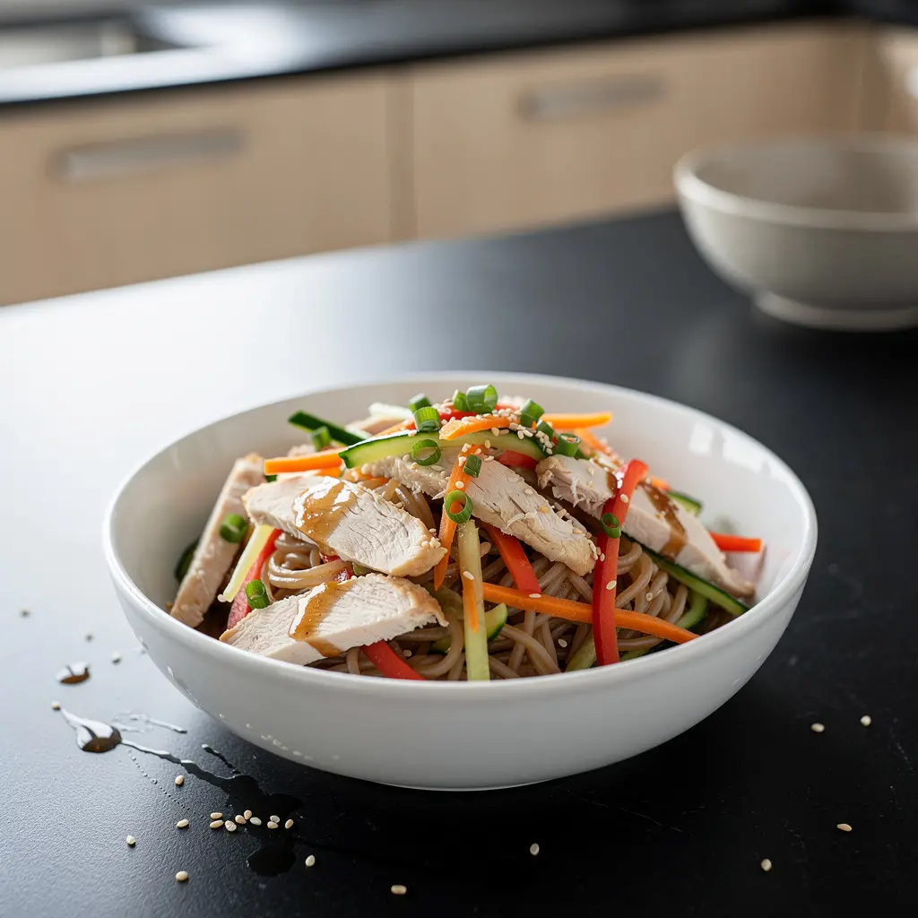 Koreańska sałatka z makaronem ryżowym i kurczakiem na zimno