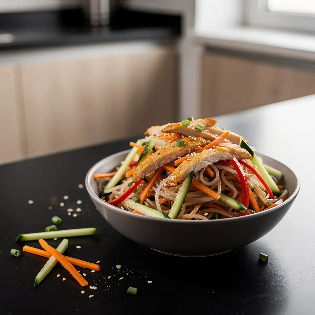 Koreańska sałatka z makaronem ryżowym i kurczakiem