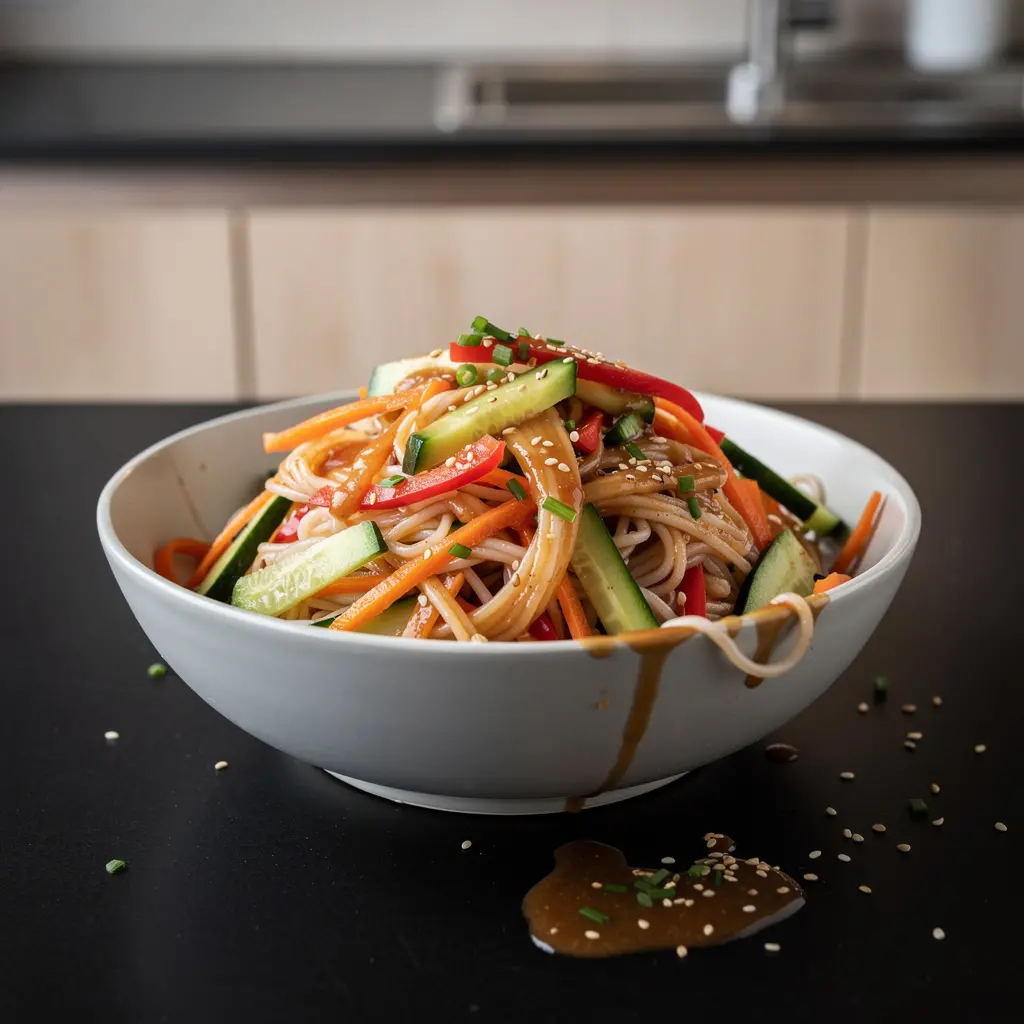 Koreańska sałatka z makaronem ryżowym i sezamowym dressingiem