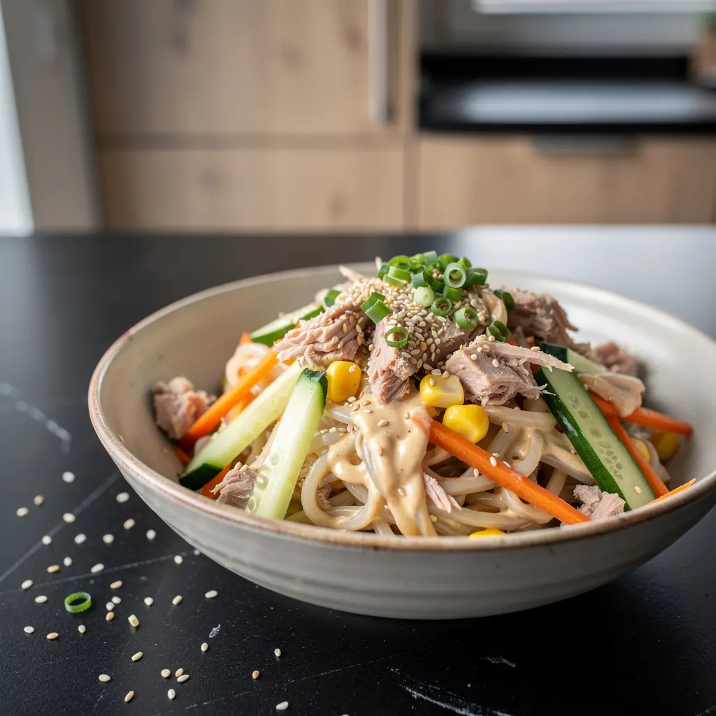 Koreańska sałatka z makaronem ryżowym i tuńczykiem