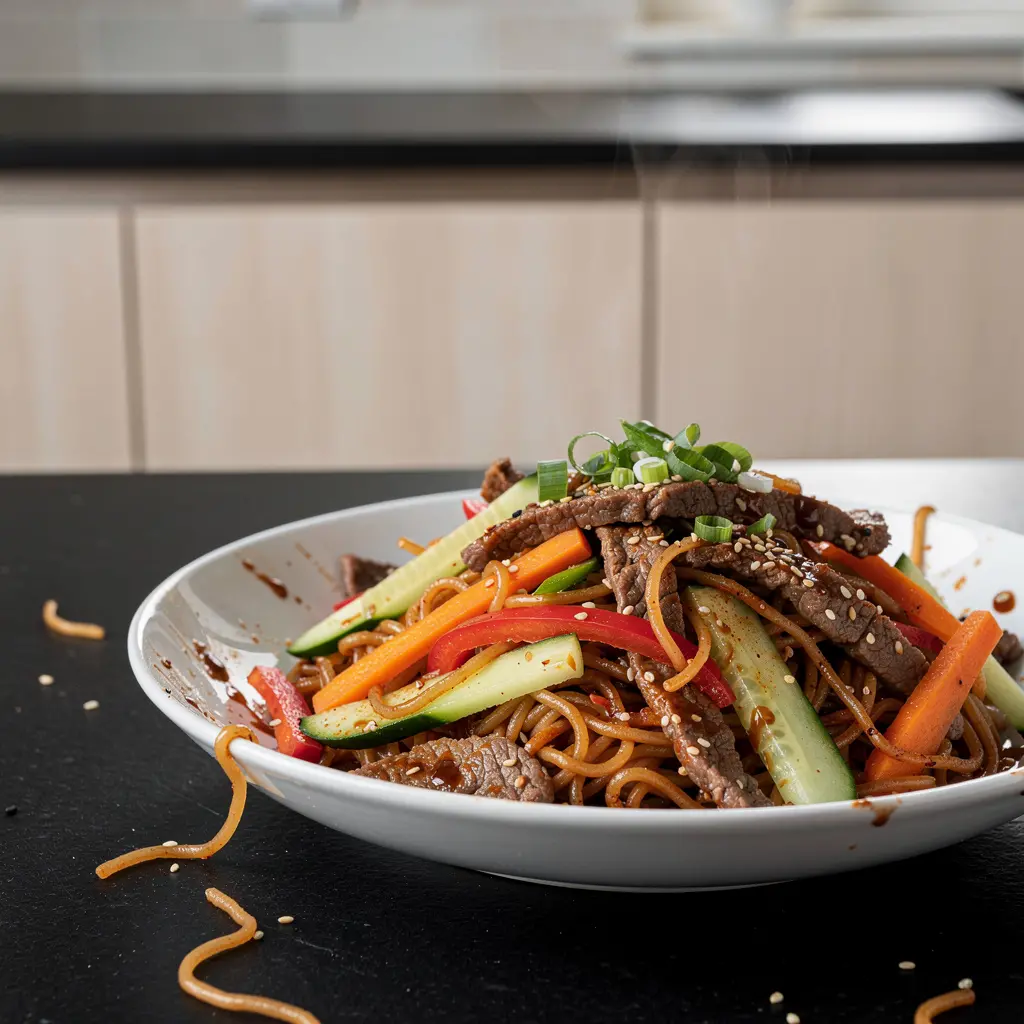 Koreańska sałatka z makaronem ryżowym i wołowiną na ciepło