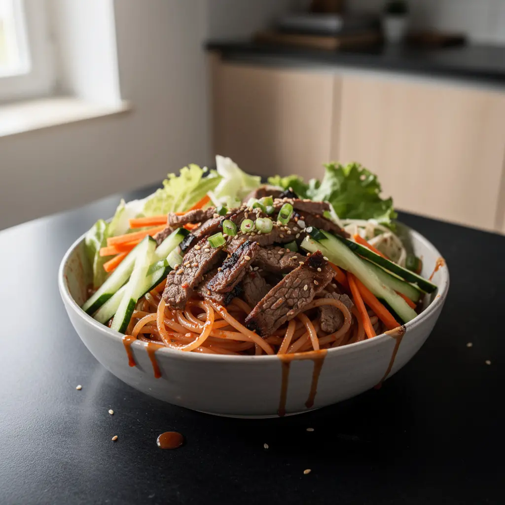 Koreańska sałatka z makaronem ryżowym i wołowiną na ostro