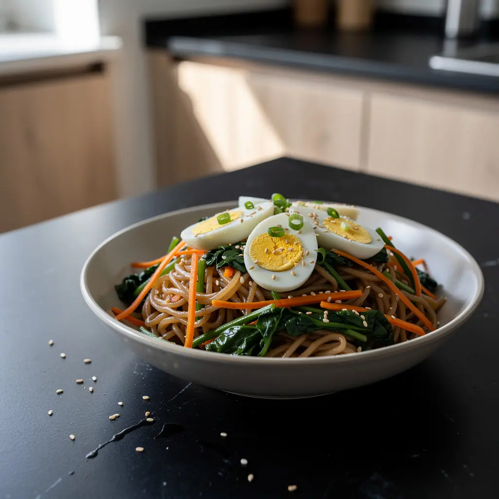 Koreańska sałatka z makaronem ryżowym, jajkiem i szpinakiem