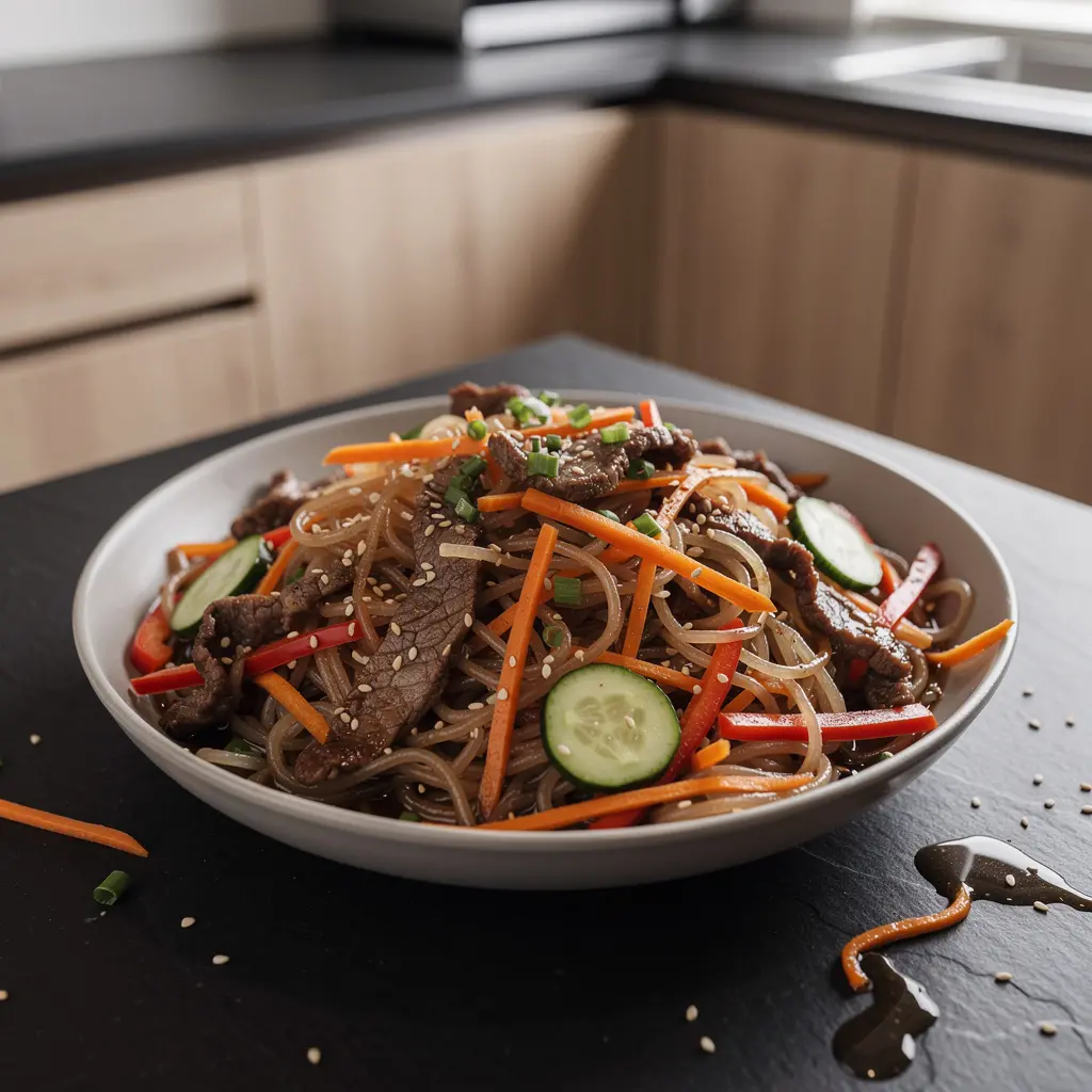 Koreańska sałatka z makaronem ryżowym, wołowiną i sezamem