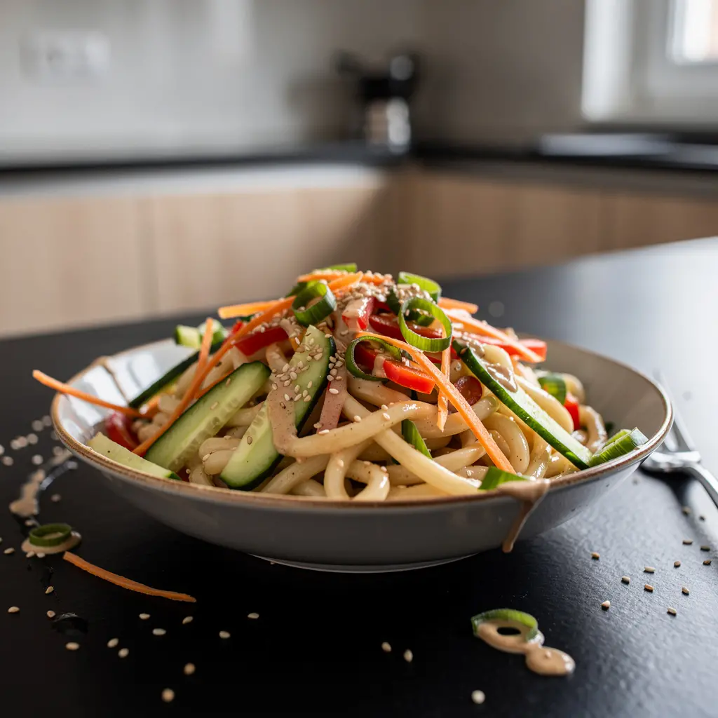 Koreańska sałatka z makaronem udon i sezamowym sosem