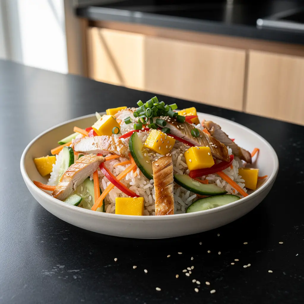 Koreańska sałatka z ryżem, kurczakiem i mango