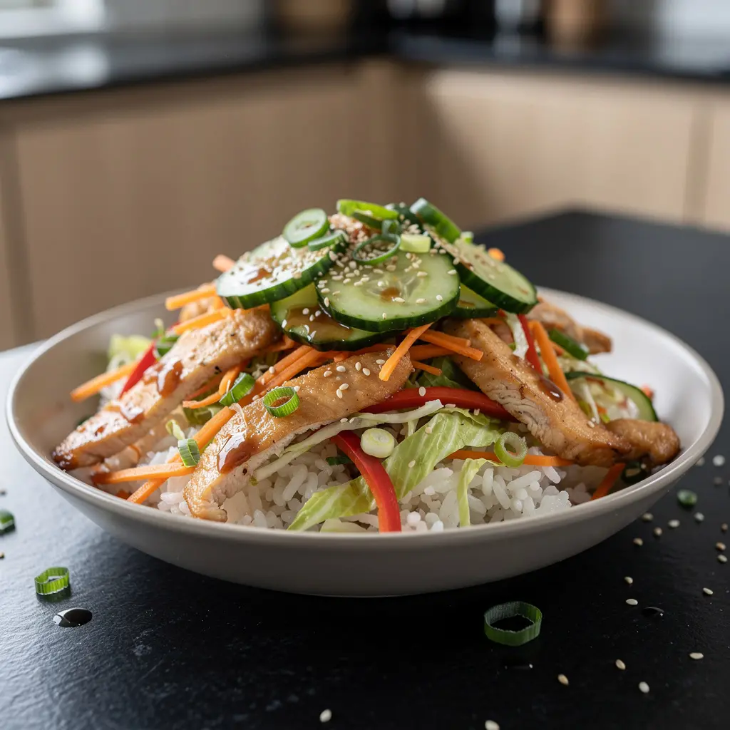 Koreańska sałatka z ryżem, kurczakiem i warzywami w sosie sezamowym