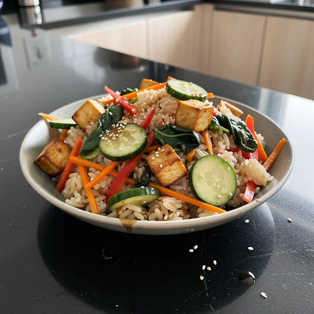 Koreańska sałatka z ryżem, tofu i warzywami