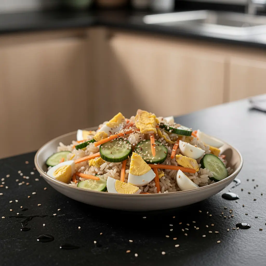 Koreańska sałatka z ryżu, jajka i ogórka z sosem sojowo-sezamowym