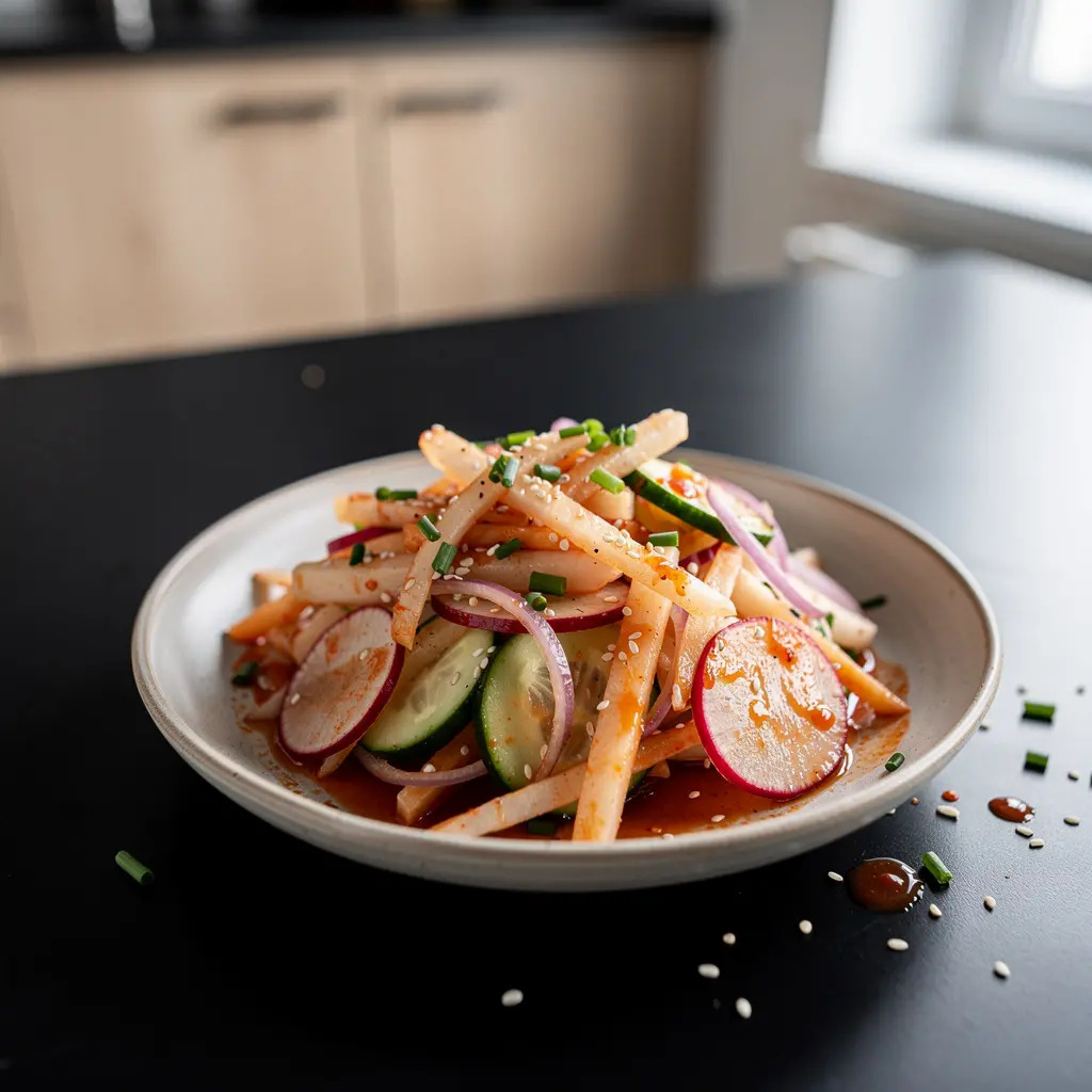 Koreańska sałatka z rzodkiewki i gruszki w sosie chili