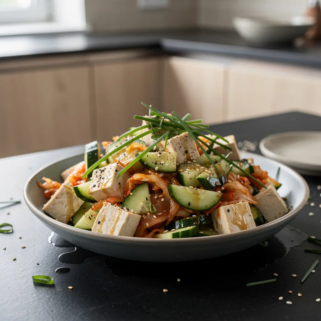 Koreańska sałatka z tofu, ogórkiem i kimchi