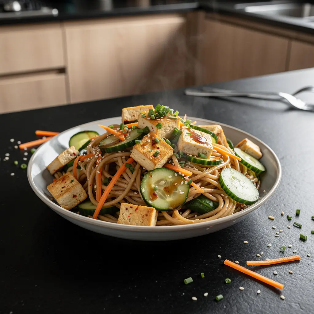 Salade coréenne tiède au tofu, concombre et nouilles de blé