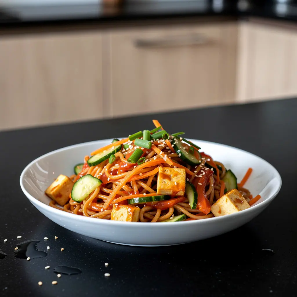 Salade coréenne froide au tofu, concombre et nouilles de blé