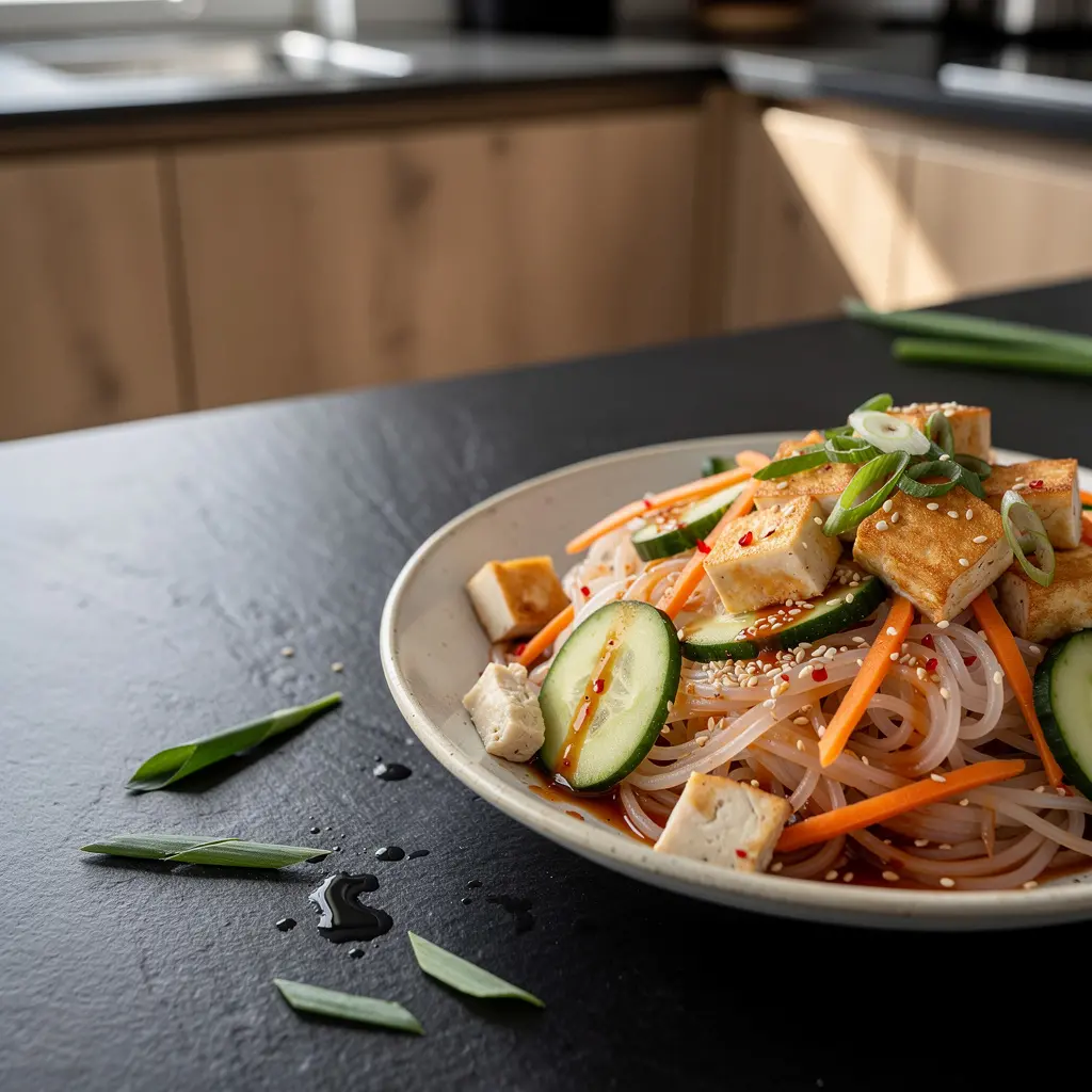 Koreańska sałatka z tofu, ogórkiem i makaronem ryżowym