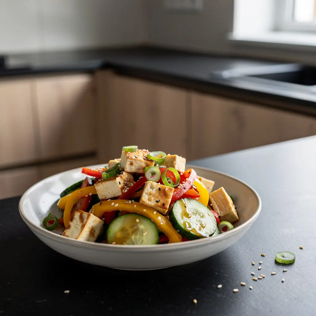 Koreańska sałatka z tofu, papryką i sezamem