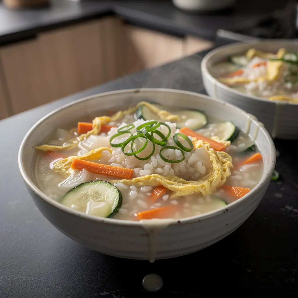 Korean rice soup with vegetables and egg