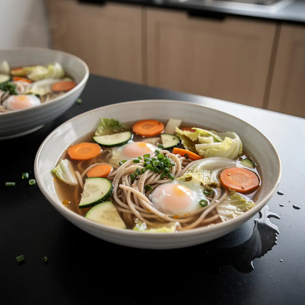 Koreańska zupa warzywna z makaronem pszennym i jajkiem