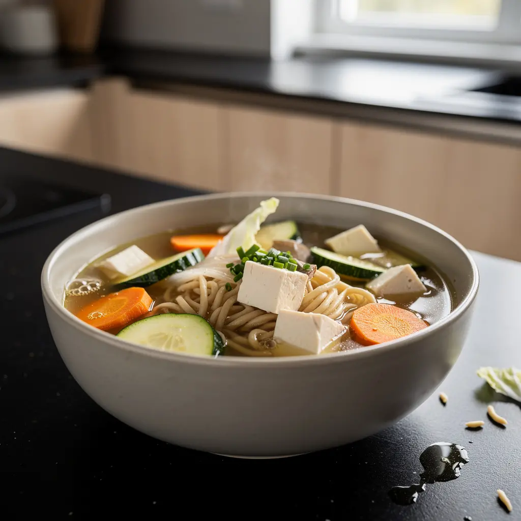 Koreańska zupa warzywna z tofu i makaronem pszennym