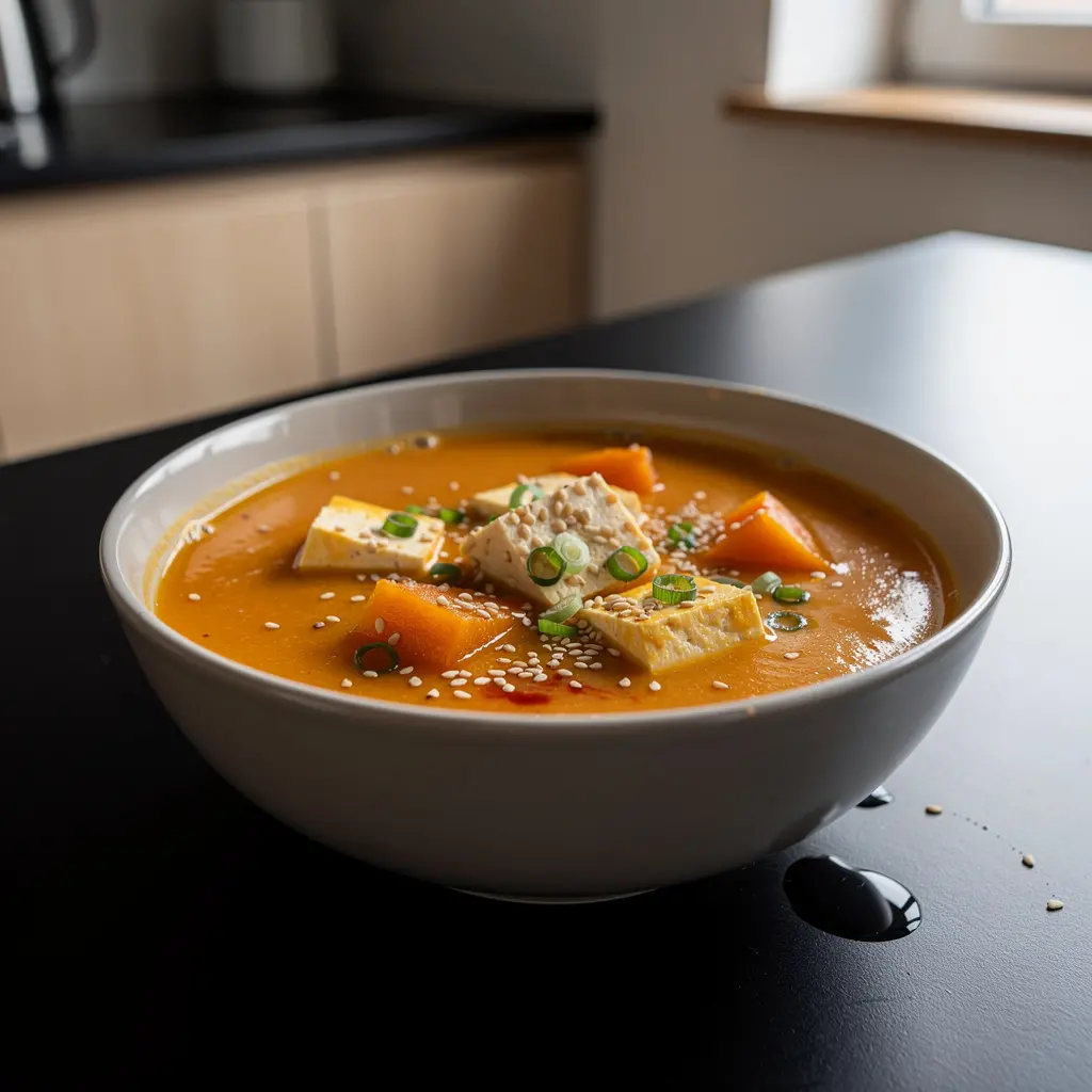 Koreanische Kürbissuppe mit Tofu, leicht scharf