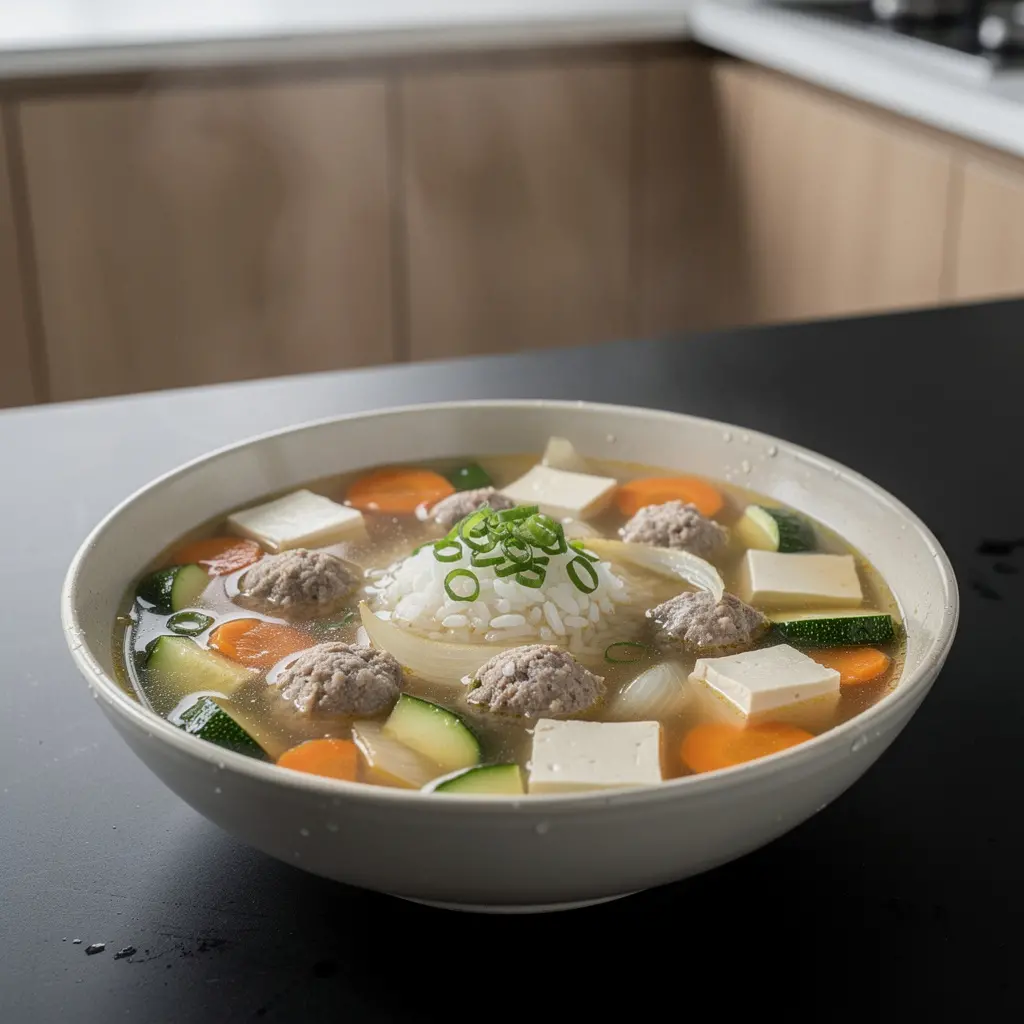 Koreańska zupa z klopsikami wołowymi i tofu