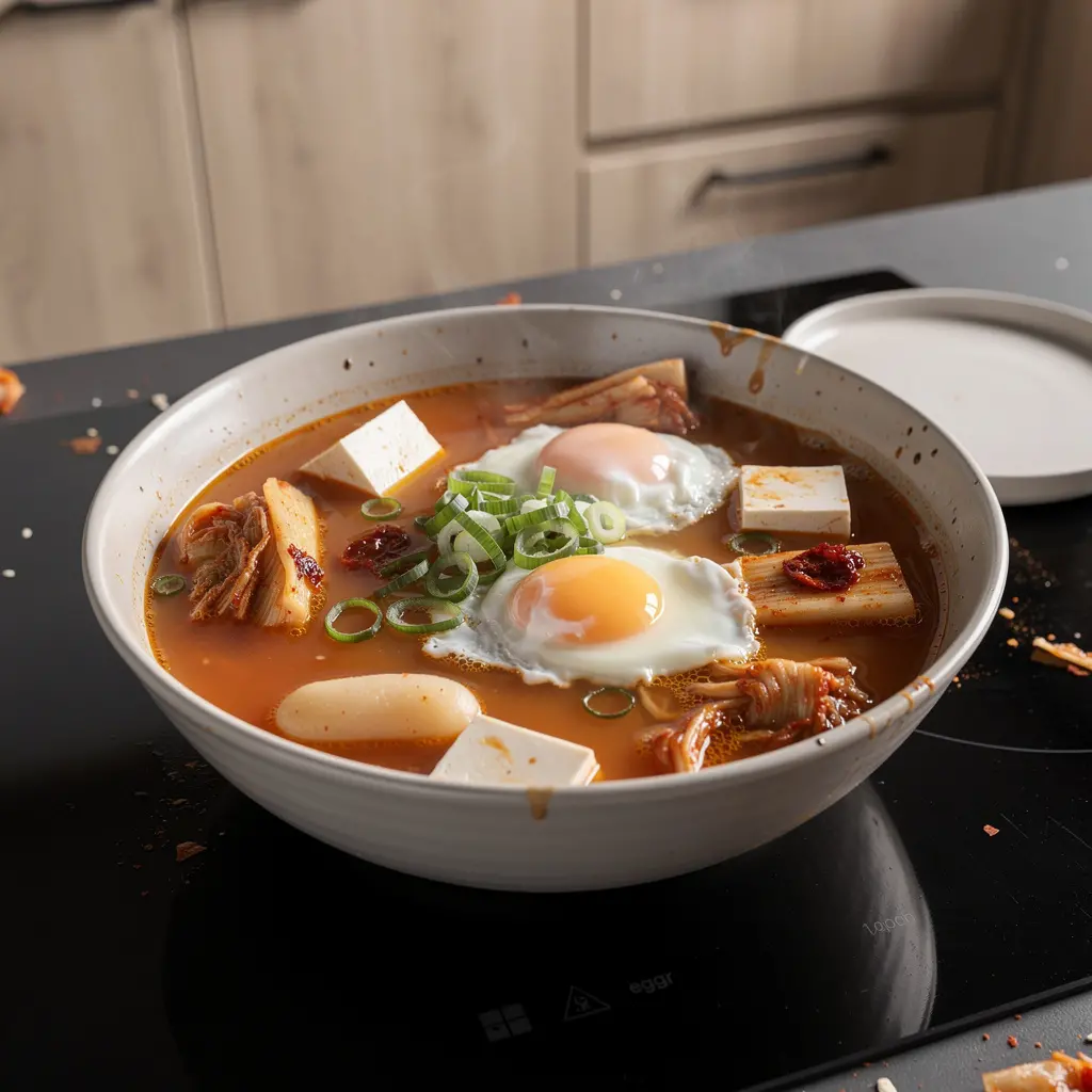 Koreańska zupa z kluskami ryżowymi i kimchi