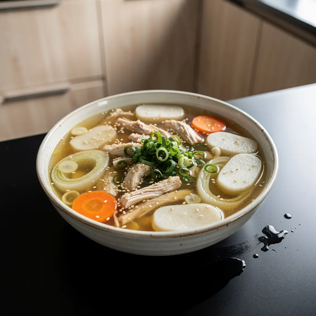 Koreańska zupa z kluskami ryżowymi i kurczakiem