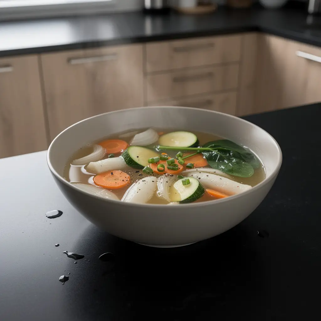 Koreańska zupa z kluskami ryżowymi i warzywami na lekko