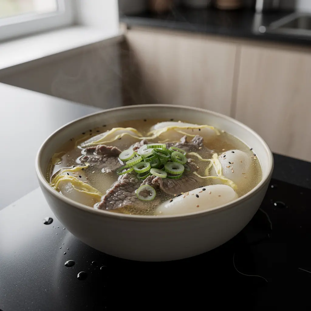 Koreańska zupa z kluskami ryżowymi i wołowiną