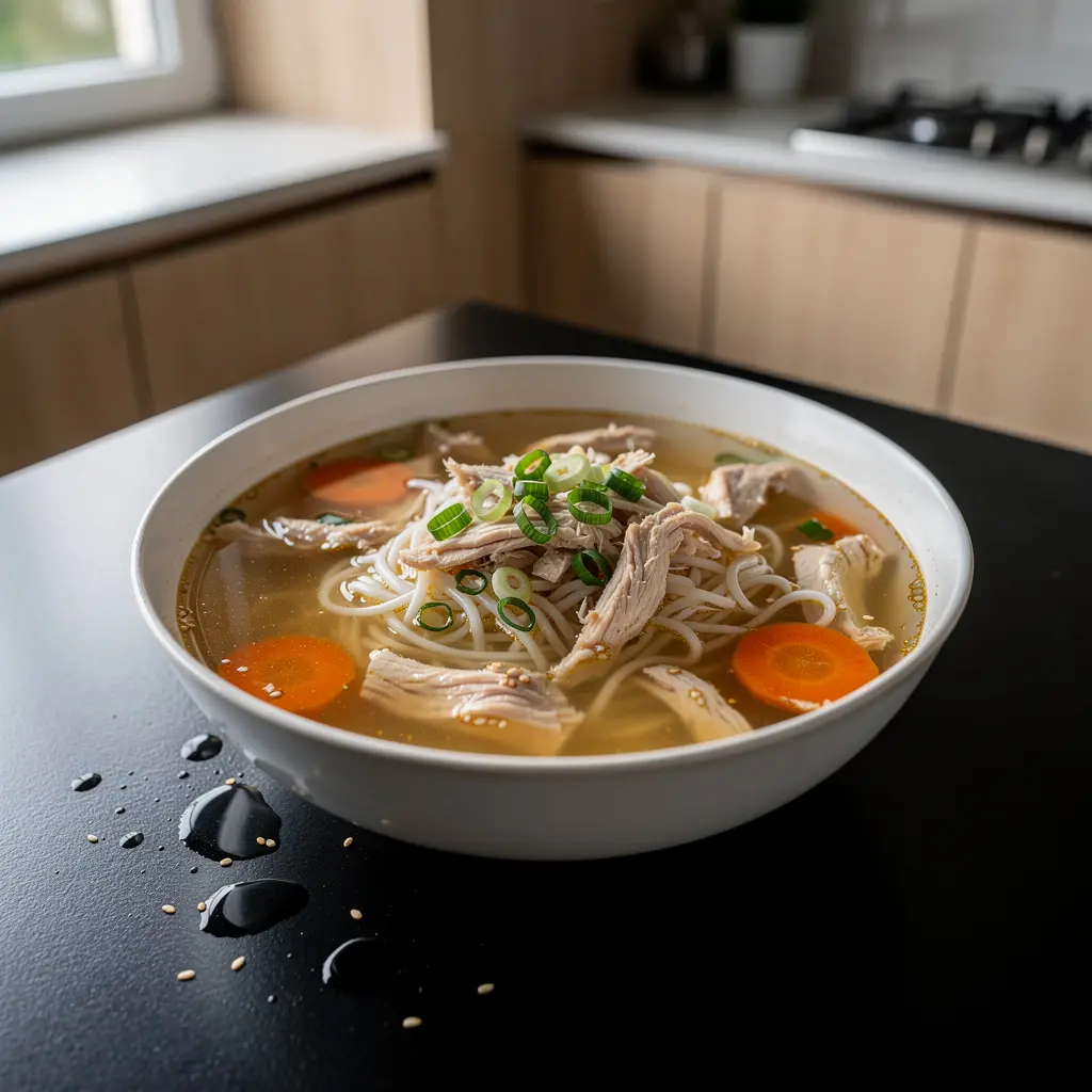 Koreańska zupa z kurczakiem i makaronem ryżowym