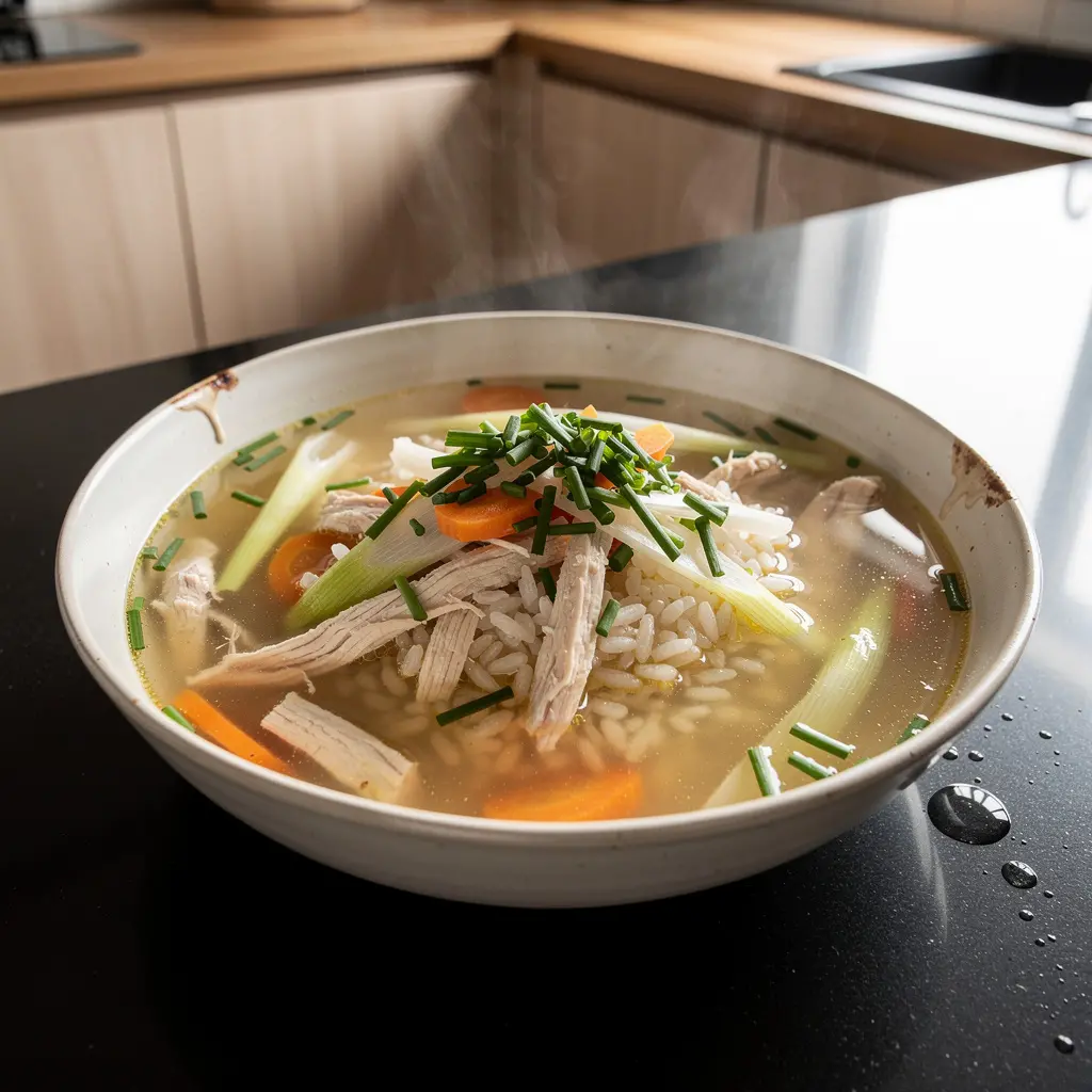Koreańska zupa z kurczakiem i ryżem dak guk