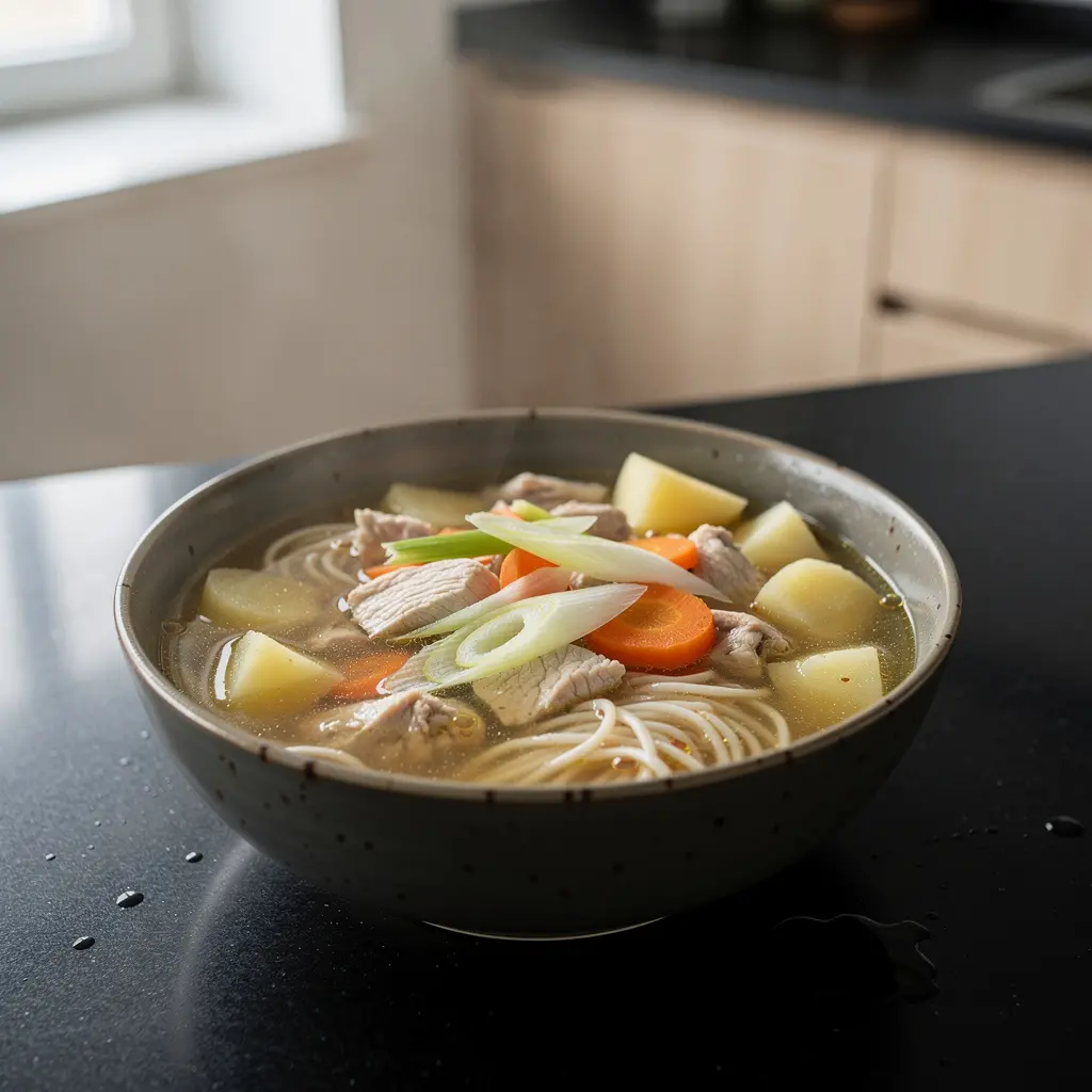 Koreańska zupa z kurczakiem, ziemniakami i makaronem ryżowym