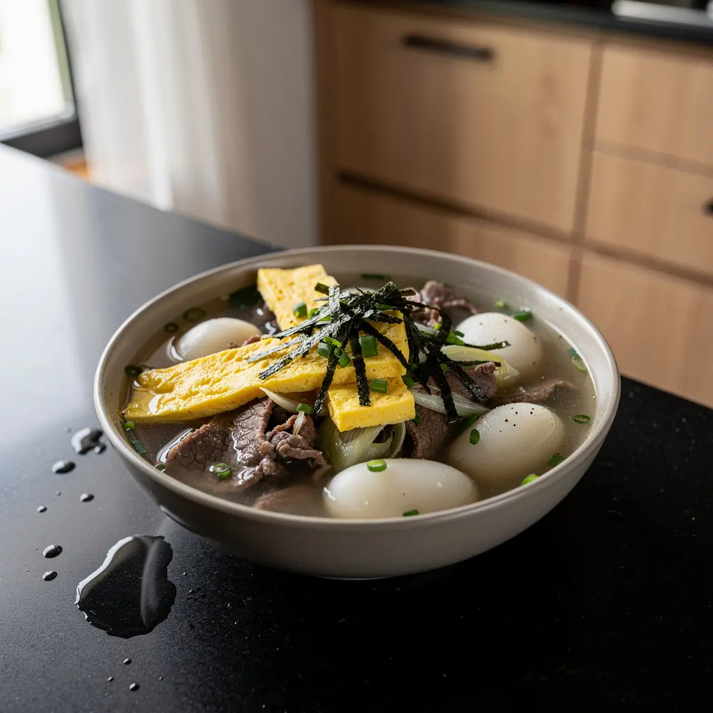 Koreańska zupa z ryżowymi kluskami tteokguk
