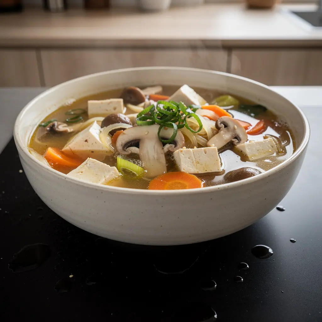 Koreańska zupa z tofu i pieczarkami