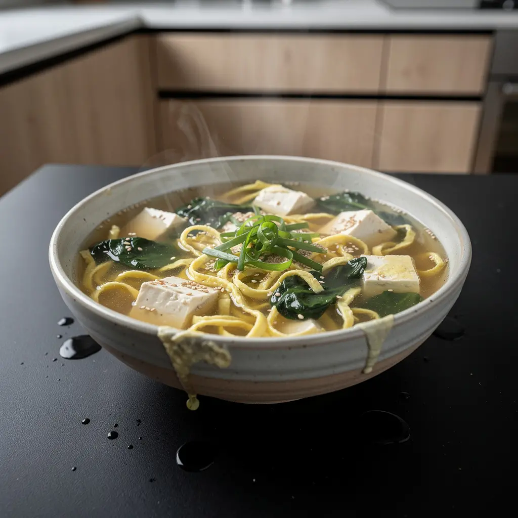 Koreańska zupa z tofu, szpinakiem i jajkiem