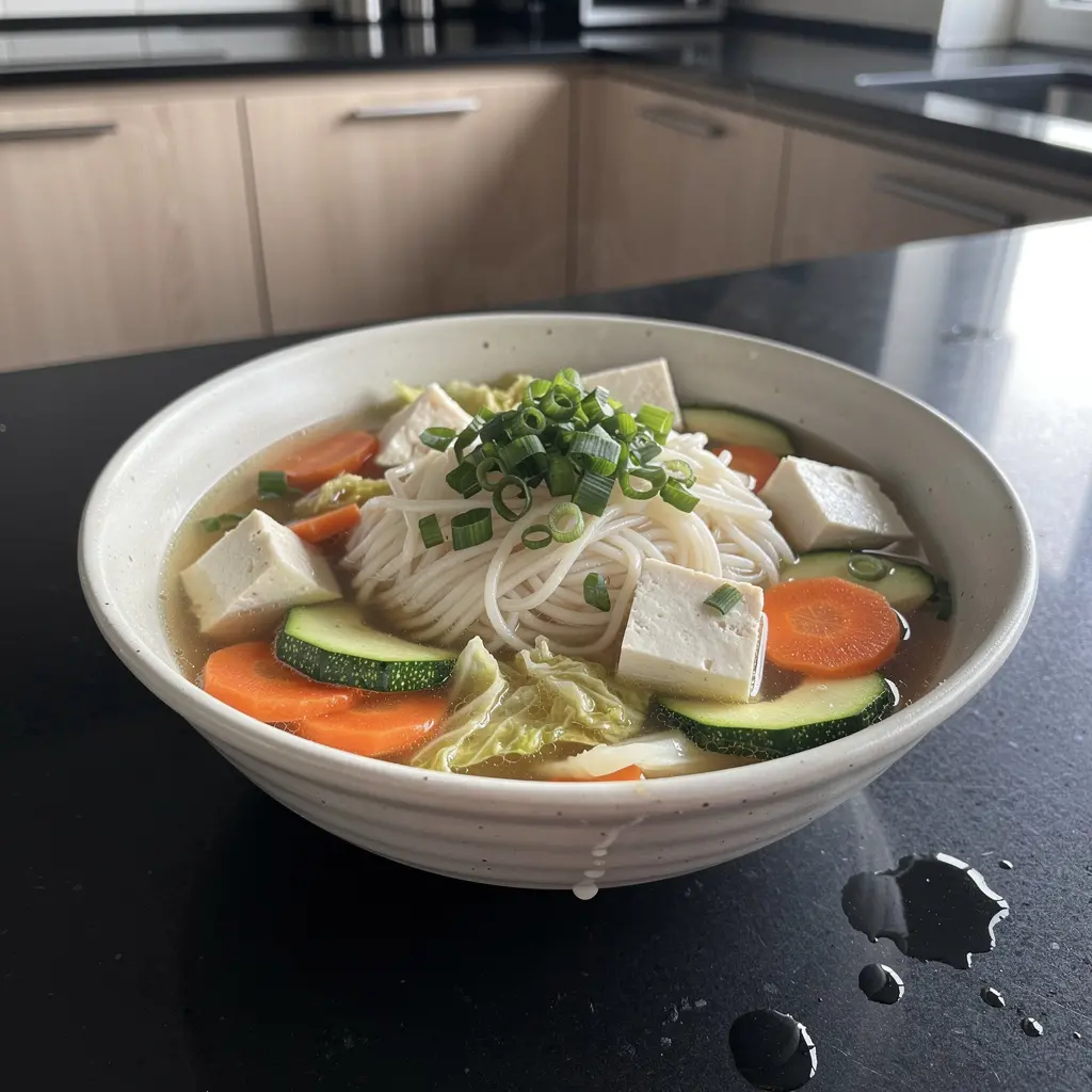 Koreańska zupa z tofu, warzywami i makaronem ryżowym