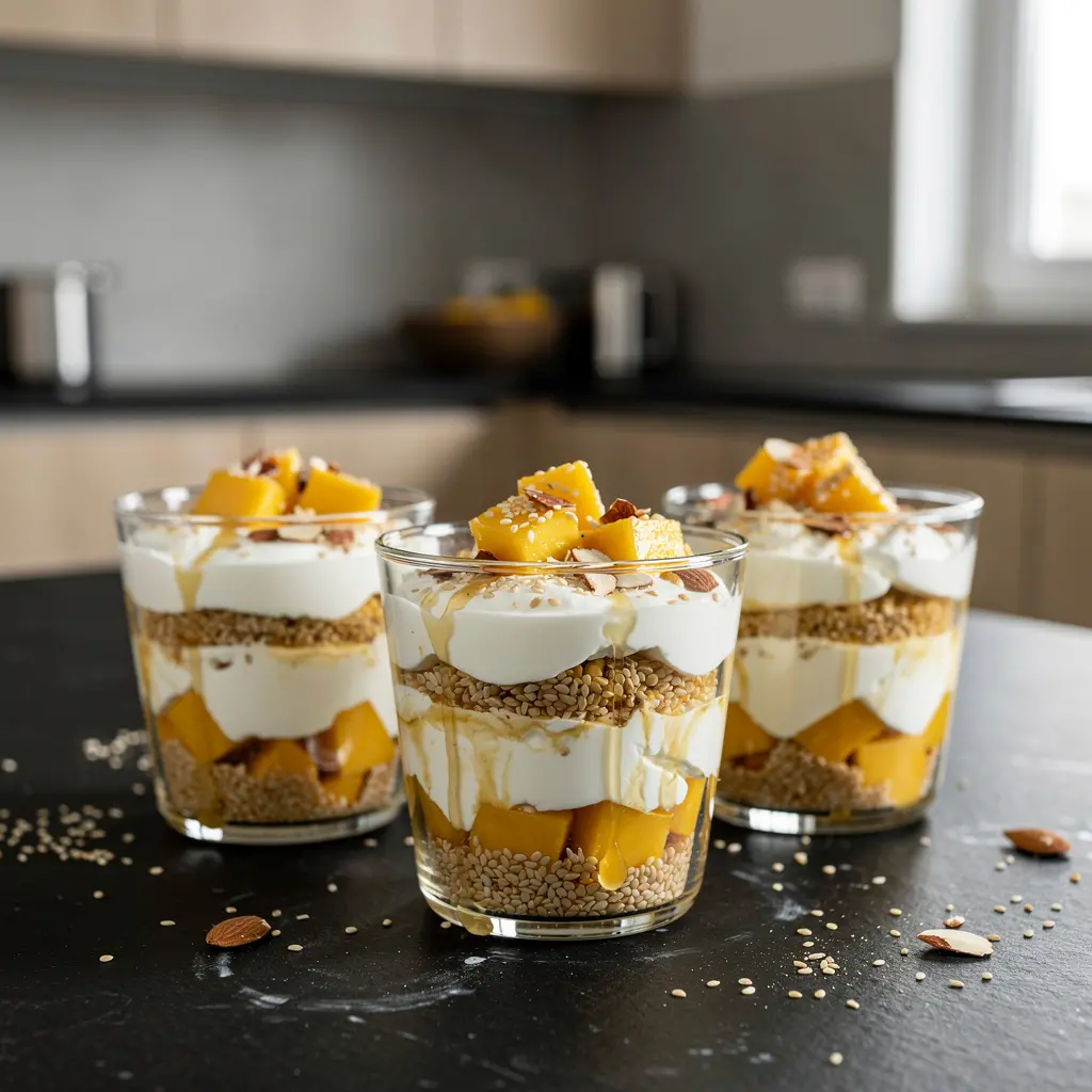 Korean yogurt dessert with mango and sesame