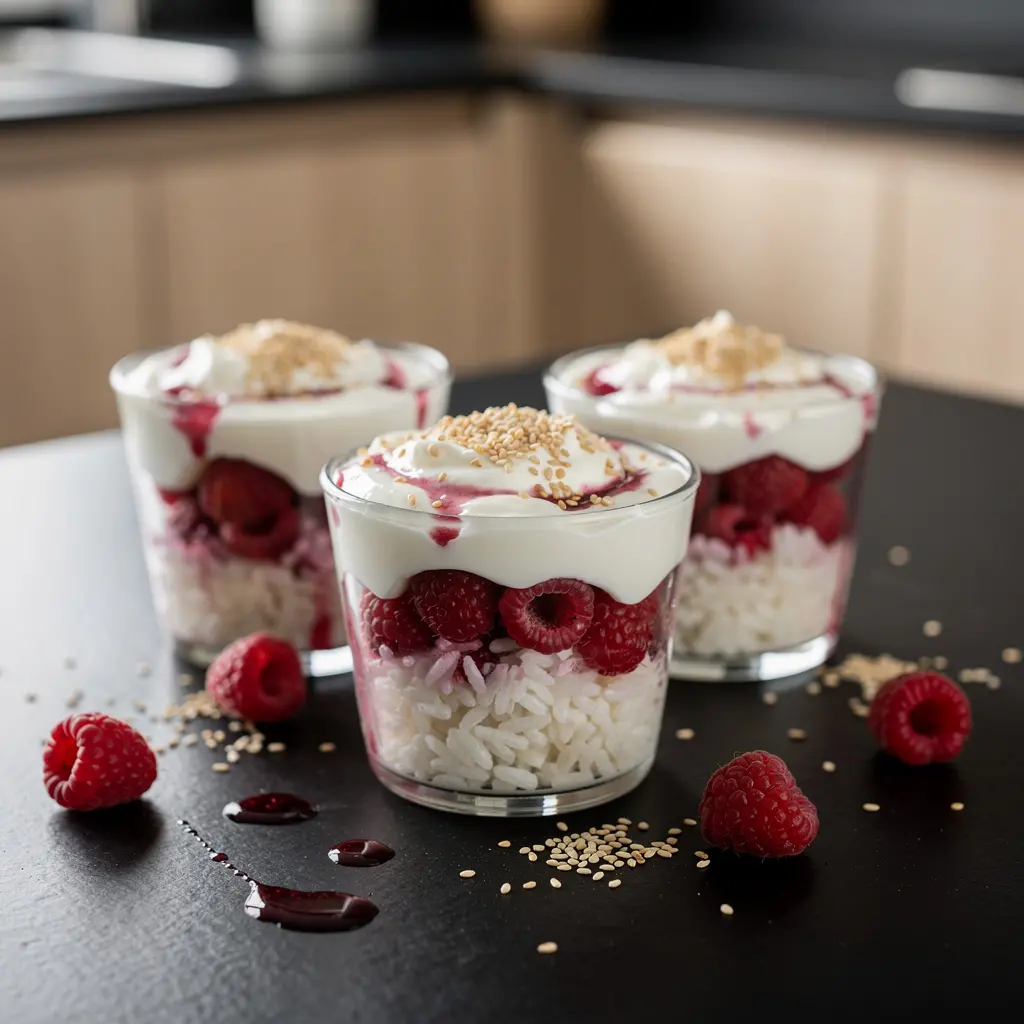 Koreański deser z jogurtu, ryżu i malin na zimno