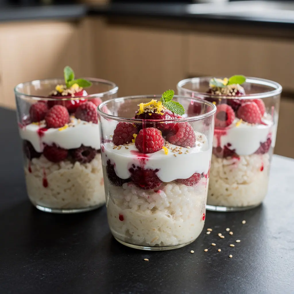 Koreański deser z jogurtu, ryżu i malin na zimno