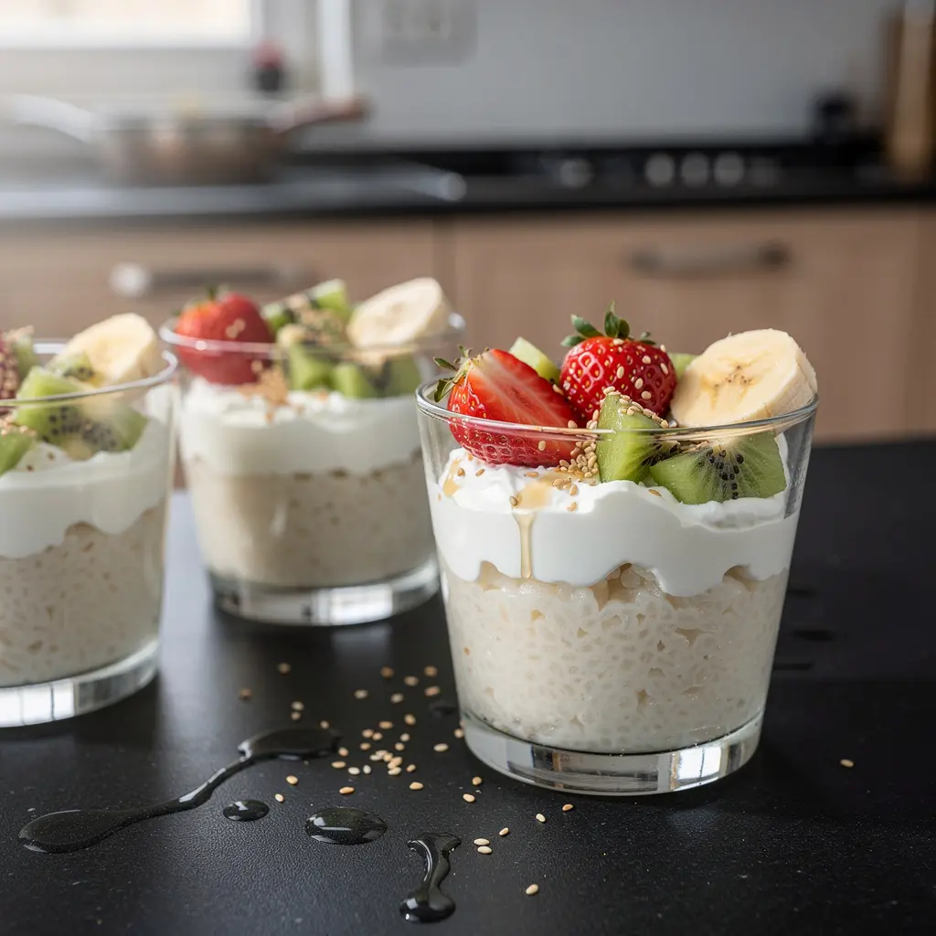 Korean dessert with yogurt, rice and fruit